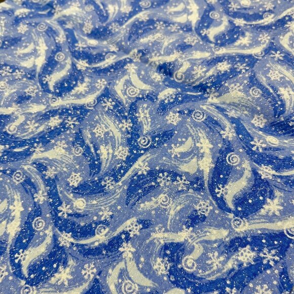 Blue Frozen Snowfall Snowflake Fabric Remnant Blue & White Cotton Winter Snow - Picture 5 of 7
